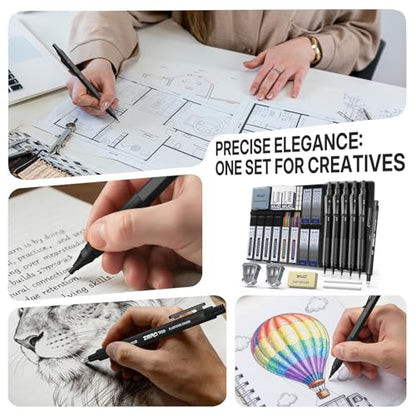 WUO Mechanical Pencil Set, 5 Pack Drafting Pencils 0.5/0.7/0.9/2.0/2.0mm | Mechanical drawing pencils, 432 lead refills, erasers/sharpeners for drafting, technical drawing, sketching, writing & art - color: Black, size: 0.5/0.7/0.9/2.0