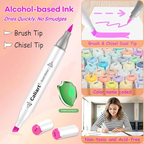 Caliart 51 Colors Alcohol Markers Brush Tip, Art Markers for Adult Coloring - style: Chisel & Brush