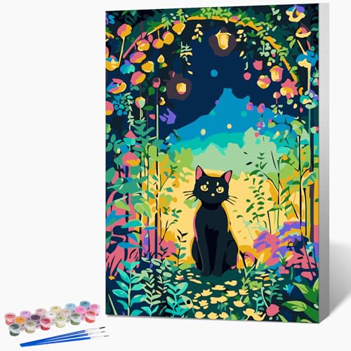 Fountor Framed Paint by Numbers Kit for Adults Beginner & Kids Ages 8-12, Black Cat Paint by Number with Frame, Easy Acrylic Cat Flowers Painting by Numbers Kit on Canvas 8x12 inch - color: LOP801, size: 8x12 Inch