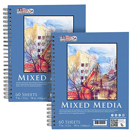 U.S. Art Supply 9"x12" Mixed Media Sketchbook, 2 Pack (60 Sheets) - size: 9-x-12-inch