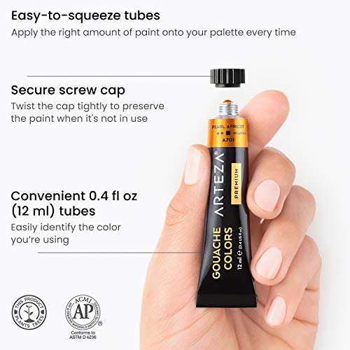 ARTEZA Metallic Gouache Paint, Set of 12, 12ml/0.4 US fl oz Gouache Paint Tubes, Glitter Paint for Canvas and Paper - size: 0.4 Fl Oz (Pack of 12)