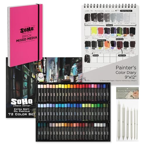 Soho Urban Artist Extra Soft Oil Pastel Premium Bundle - Set of 72 Pastels, Blending Stumps, Brick Mixed Media Sketchbook, and Painter's Color Diary