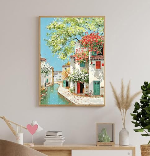 Accompany Wind Town Scenery Diamond Art Kits for Adults, 5D Landscape Diamond Painting Kits for Beginners,DIY Round Full Drill Diamonds Gem Art Crafts for Home Wall Decor Gifts 12x16 Inch - color: Watertown