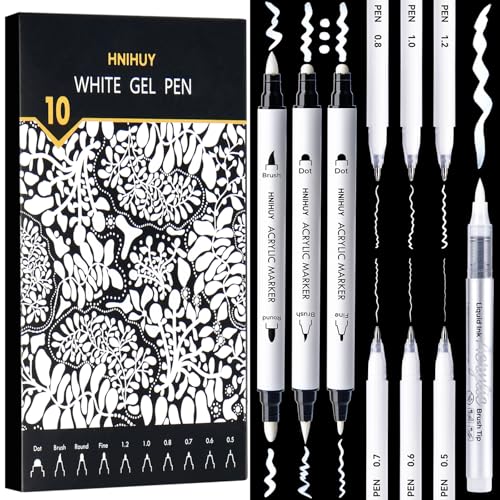 White Pens Set, White Gel Pens, Dual-Tip Acrylic Paint Pen | 6 Size Opaque Gel Ink Pen Brush Tip Acrylic Markers for Drawing, Sketching, Illustration, Card Making, Bullet Journaling - size: 10