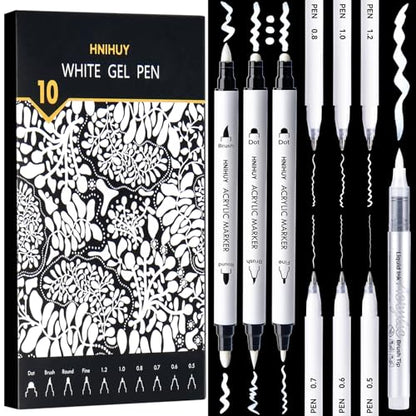 White Pens Set, White Gel Pens, Dual-Tip Acrylic Paint Pen | 6 Size Opaque Gel Ink Pen Brush Tip Acrylic Markers for Drawing, Sketching, Illustration, Card Making, Bullet Journaling - size: 10