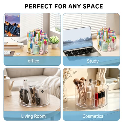 SUPEASY Acrylic Rotating Pencil Holder, 360° Clear Pen & Marker Organizer | Crayon Art Supply Organizer with 6 Compartments and Carry Handle for Desk, Home, Office, Classroom