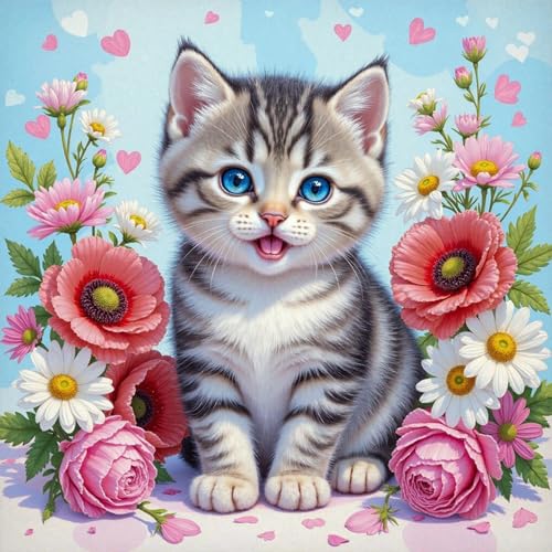 antor 5D Diamond Painting Kits for Adults, Cute Tabby Cat Diamond Art Kits for Adults Beginners, Animal Floral DIY Full Drill Diamond Dot Gem Painting for Home Wall Decor 14×14 inch - color: Cute Cat