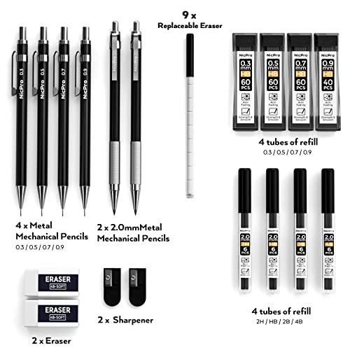Nicpro 6 PCS Art Mechanical Pencil Set, Black Metal Drafting Pencil 0.3, 0.5, 0.7, 0.9 mm & 2PCS 2mm Graphite Lead Holder(4B 2B HB 2H) For Writing Sketching Drawing With 8 Lead Refills Eraser Case - color: Black