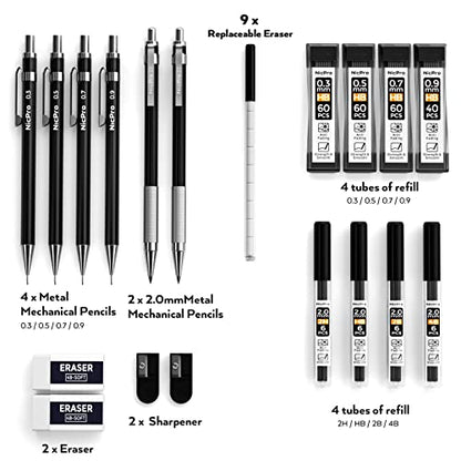 Nicpro 6 PCS Art Mechanical Pencil Set, Black Metal Drafting Pencil 0.3, 0.5, 0.7, 0.9 mm & 2PCS 2mm Graphite Lead Holder(4B 2B HB 2H) For Writing Sketching Drawing With 8 Lead Refills Eraser Case - color: Black