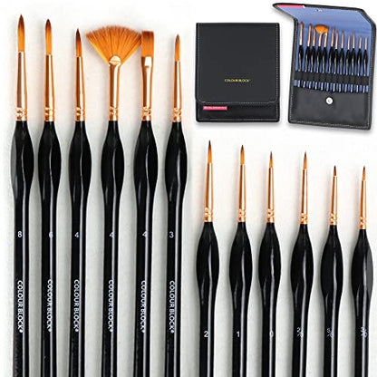 COLOUR BLOCK 12PC Artist Paint Brush Set in Leather Case for Easy Storage, Detail Paint Brushes kit, Miniature Art Set, Craft Supplies for Acrylic, Watercolor, Gouache and Model Painting