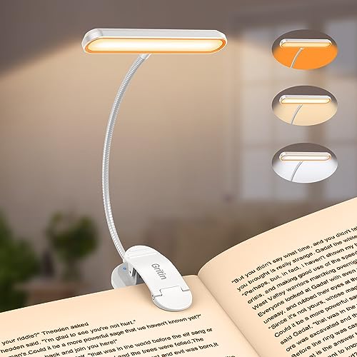 Gritin Rechargeable Book Light for Reading in Bed with 19 LED | Eye Caring 3 Color Temps, 5 Brightness Levels, Memory Function, 90 Hrs Runtime Flexible Goose Neck Clip on Light-White - color: White