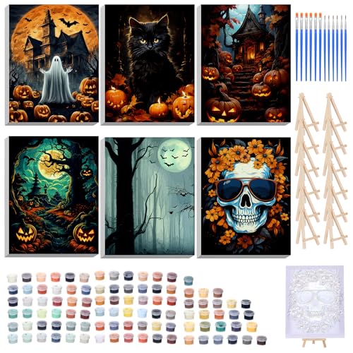Honoson 6 Pcs Halloween DIY Paint by Number Kits for Adults | Framed Canvases with Easel, Ghost Skeleton Pumpkin Cat, Suitable for Beginner, Ideal for Haunted Wall Decor and Stress Relief - style: Halloween