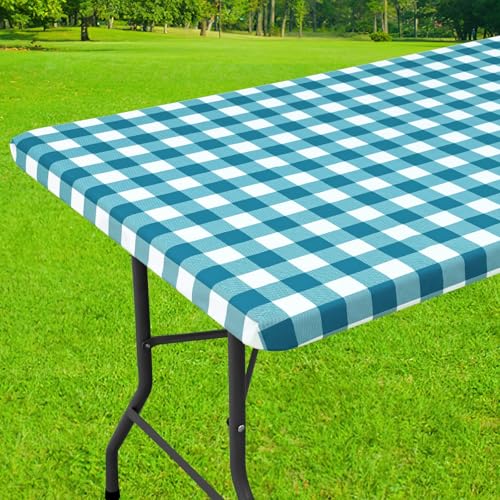 Smiry 4 Foot Picnic Table Cloth, Flannel Backed Fitted Vinyl tablecloths | Waterproof Elastic Rectangle Tablecloth ,Buffalo Plaid Table Covers for Dining, Camping (Turquoise and White, 24" x 48") - color: Turquoise and White, size: 48" x 24" (Rectangular)