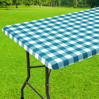 Smiry 4 Foot Picnic Table Cloth, Flannel Backed Fitted Vinyl tablecloths | Waterproof Elastic Rectangle Tablecloth ,Buffalo Plaid Table Covers for Dining, Camping (Turquoise and White, 24" x 48") - color: Turquoise and White, size: 48" x 24" (Rectangular)