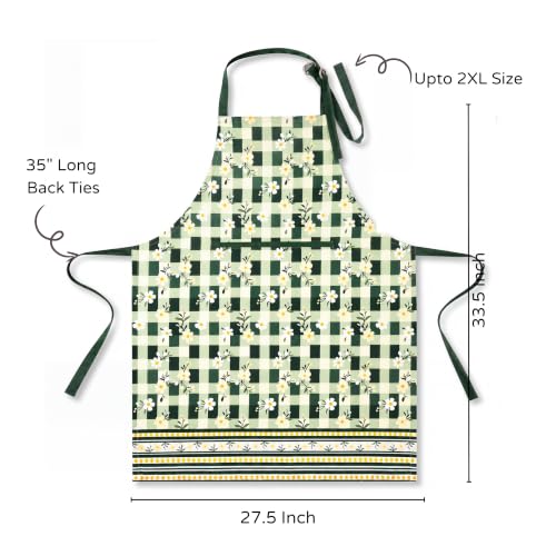 FINGERCRAFT Apron, Dual Pocket, Adjustable Tie, Multipurpose Washable Bib Apron for Home, Kitchen, Chef and Professionals - color: Green Daisy Gingham