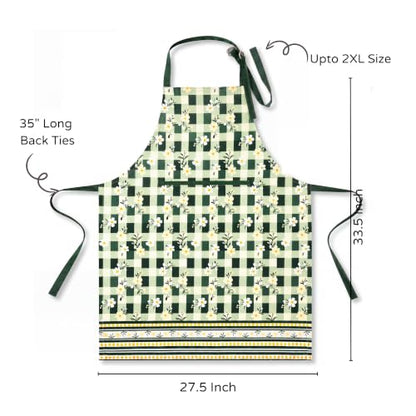 FINGERCRAFT Apron, Dual Pocket, Adjustable Tie, Multipurpose Washable Bib Apron for Home, Kitchen, Chef and Professionals - color: Green Daisy Gingham