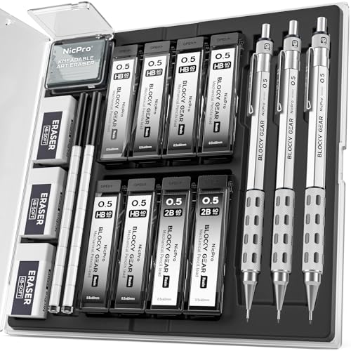 Nicpro 3 Pack Blocky Gear 0.5 mm Metal Mechanical Pencils Set with Case | Lead Drafting Pencil with 480PCS Lead Refills(HB 2B), 4 Erasers, 18 Eraser Refills for Art Writing, Sketching Drawing - style: 0.5mm