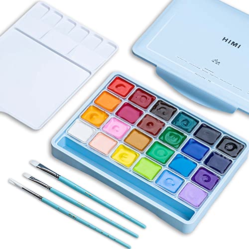 HIMI Gouache Paints set with 3 Paint Brushes, 24 Colors, 30g, Jelly Cup Design, Non Toxic Paint for Canvas and Paper, Art Supplies for Professionals (Ice Blue Case) - color: Ice Blue