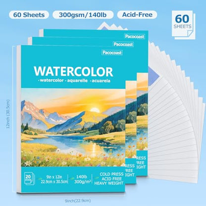 Pacocoast 9"x12" Cold Press Watercolor Paper Pad, 3Pack, Glue Bound, Teal - color: Teal, size: 9" x 12"(Pack of 3)