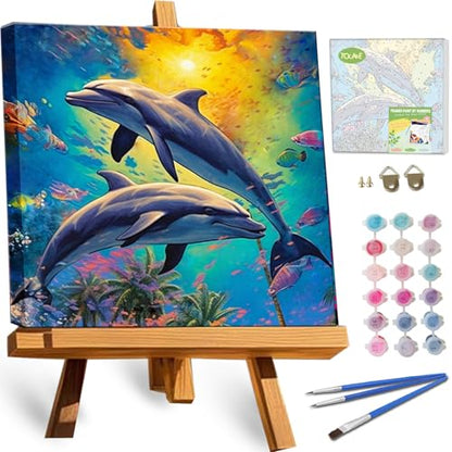 TOCARE Framed Paint by Numbers Kit for Adults & Kids Ages 8-12, 12x12Inch Dolphin Paint by Numbers with Frame, Seascape Paint by Number Framed Canvas for Animal Lovers (Without Easel) - color: TC-F-372