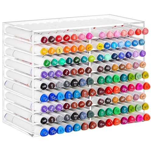 MotiMind Acrylic Marker Organizer for 126 Marker, Large Art Pencil Holder Storage Rack for Desk, Pens Art Brushes Display Stand with 18 Compartments for Desktop, Office (clear, 126 Capacity) - size: 126 Capacity