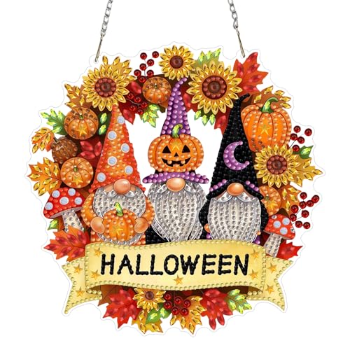 CEOVR Halloween Hanging Diamond Art for Adults, Gnome Diamond Painting Pendant, DIY Special Shape Gem Art Window Ornament, Acrylic Home Wall Decor with Chain, Box Kit 7.87×7.87inch - color: 7-Gnome