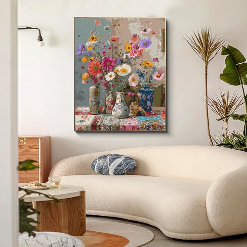 PRASIO Flowers Paint by Numbers Kit for Adults Beginner 16x20 Inch | DIY Acrylic Adult Paint by Numbers Kit on Canvas, Crafts for Adults, for Home Decor, for Gift - color: XM-OP-ColorfulVases-4050