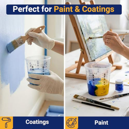 12 Pack 19oz 570ml Clear Plastic Paint Mixing Cups with 12 Stir Sticks - Disposable Graduated Measuring Cups for Paint, Resin & Epoxy with ML Scale & 3-Column Ratios (1:1-7:1) for DIY Crafts - size: 19oz / 570ml