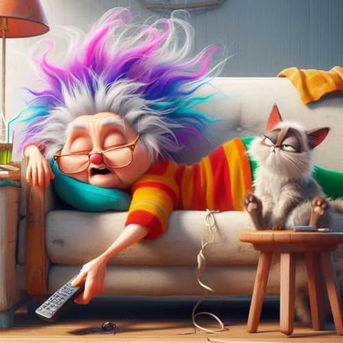 WPYTNM 5D Diamond Painting Kit, Cartoon Grandma and Cat Theme, Full Drill Canvas Art Set, 14x14 Inches, DIY Home Wall Decoration for Adults - color: Cartoon Grandma and Cat Theme