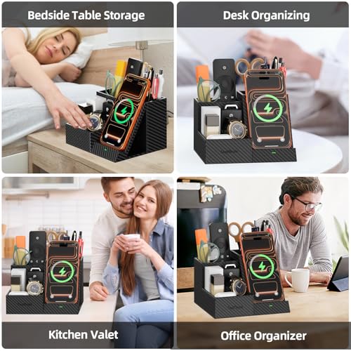 TopMade Wireless Charger Nightstand Organizer, Multi-Functional Pen/Pencil/Remote Holder for Desk, Leather Desktop Organizers, Home Office Supplies Fast Phone Charging Stand, Black Carbon Fiber - color: Black Carbon Fiber