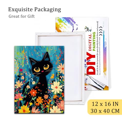 Natuyalo Black Cat Paint by Number with Frame 12"x16" - Framed Paint by Numbers Kit for Adults Beginners, Animal Flowers Acrylic Painting by Number Kits Framed Ideal Gift - color: Color-04