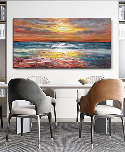 Art Sea Sunrise Landscape Modern Abstract Oil Painting Canvas Oil Painting Wall Art Decoration 24x48 inch - color: Yi012