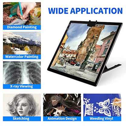 YINGWOND Wireless Rechargeable A3 LED Light Pad w/Built-in Foldable Stand, 3 Color Tone, 6 Levels of Brightness, Battery Powered Evenly Illuminated Light Box for Tracing Drawing and Diamond Painting - style: Rechargeable-A3 Black