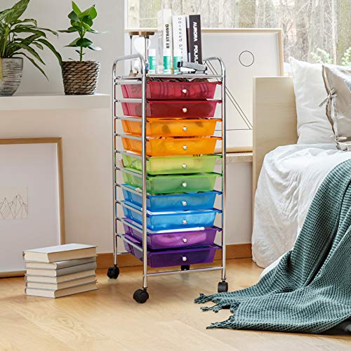 Happygrill 10-Drawer Storage Cart, Utility Cart with Removable Drawers & Metal Frame, Rolling Storage Cart with Lockable Wheels for Home, Office, Rainbow - color: Rainbow