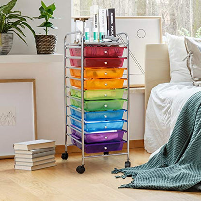 Happygrill 10-Drawer Storage Cart, Utility Cart with Removable Drawers & Metal Frame, Rolling Storage Cart with Lockable Wheels for Home, Office, Rainbow - color: Rainbow