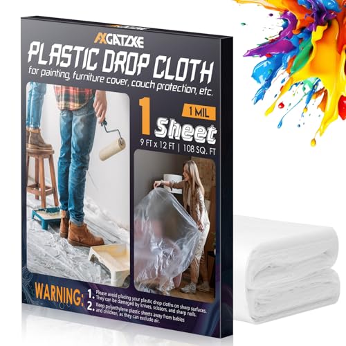 Axgatoxe 12 x 9 Ft Plastic Drop Cloths for Painting (1-Pack) | Plastic Painter's Sheeting & Tarps for Painting Supplies, Waterproof & Dust-proof Furniture/Couch/Floor Protection Cover - size: 1-Pack