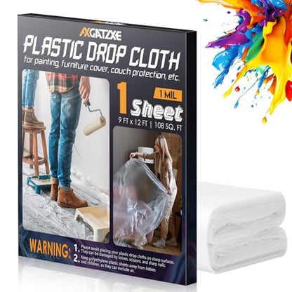 Axgatoxe 12 x 9 Ft Plastic Drop Cloths for Painting (1-Pack) | Plastic Painter's Sheeting & Tarps for Painting Supplies, Waterproof & Dust-proof Furniture/Couch/Floor Protection Cover - size: 1-Pack