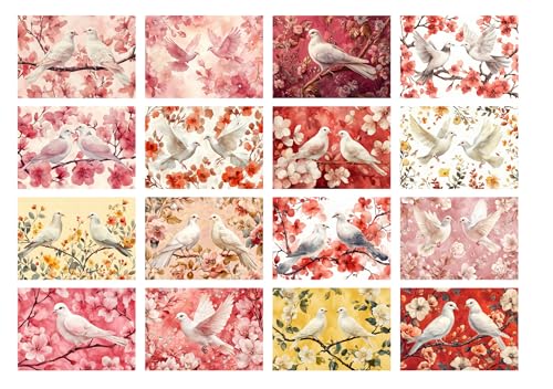 Decoupage Paper Pack (35 Sheets 6"x8") Dove Harmony: Gentle White Doves Perched Among Blossoming Branches with Soft Pink, Red and Gold Floral Accents for Romantic and Peaceful Decor FLONZ Vintage - color: ThirtySix