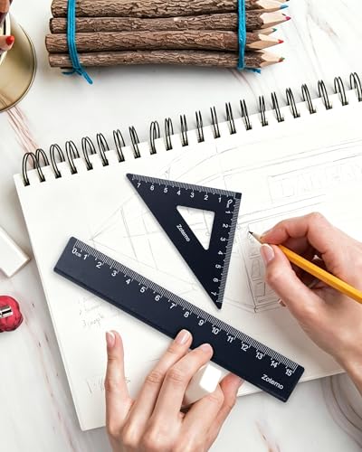 Geometry Ruler Set for Students, Metric Measurement 4-Piece Metal Math Drafting Kit with Non-Slip Design 15 cm Straightedge Ruler, 180° Protractor & 2 Triangles for School Kids (Black) - color: Black