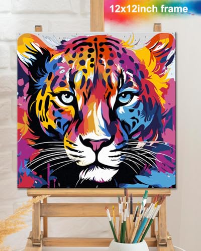 TOCARE Framed Paint by Numbers Kit for Adults & Kids Ages 8-12, 12x12Inch Colorful Leopard Paint by Numbers with Frame, Leopard Paint by Number Framed Canvas for Animal Lovers (Without Easel) - color: TC-F-370