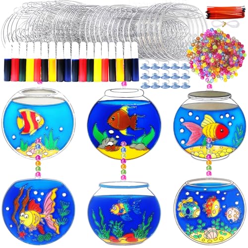Ayhuhra 30 Set Fishbowl Suncatcher Craft Kits, Sea Animal Fish Tank Art | Under the sea crafts for summer parties, beach decor, ocean themes, aquatic art projects, and sunny window displays - style: Fishbowl