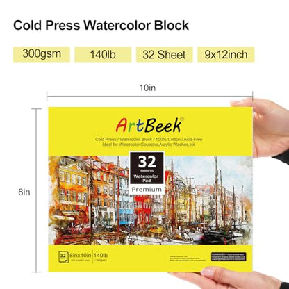 ArtBeek Watercolor Paper Block,8" x 10" Watercolor Block 32 Sheets 100% Cotton Cold Press 140lb/300GSM - size: Cold Press 8x10