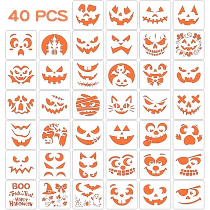 40 PCS Halloween Painting Stencils, 6 Inch Plastic Reusable Pumpkin Faces Painting Stencil, Jack - O'-Lantern Painting Templates for DIY Pumpkin Carving, Wood, Walls Art and Halloween Decoration - style: 40PCS Pumpkin Stencil