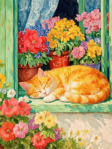 Paint by Numbers Kit for Adults Beginner,Cat Sleeping Flowers,16x20 | Full set with wooden brushes,rolled canvas,rich paints.Calming activity.Beginner friendly.Just open and paint. - color: 16"X20"Rolled Canvas(Frameless)-Cat 4
