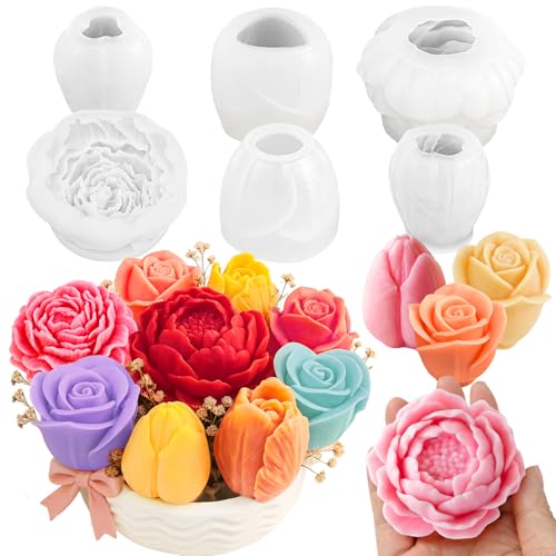 Flower Candle Molds, Set of 6 Peony Rose Tulip Different Shaped - color: 6 Pcs Flower Candle Molds
