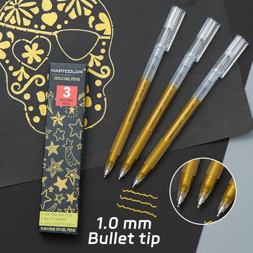 MARTCOLOR 3 Pack Gold Gel Pens,1.0mm Extra Fine Point Gel ink Pens | Opaque Archival Ink Pen for Black Paper Drawing, Art Highlight, Illustration, Bullet Journaling, Card Making & DIY Projects - color: Gold