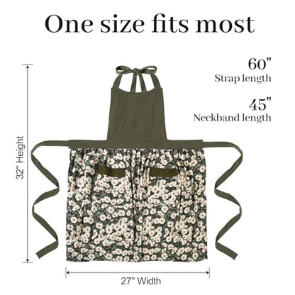 Cute Floral Apron for Women with Pockets, Cotton, Adjustable Straps - color: Olive Green