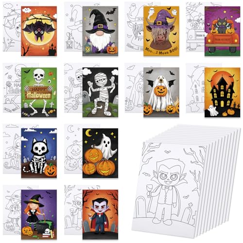 Anseal 12 Packs Halloween Pre Drawn Canvas to Paint, 5" X 7" Pre Printed Canvas for Kids, Pre Stretched Canvas Outline Painting Boards for Beginners, Students, Party Favor (Halloween) - color: Halloween