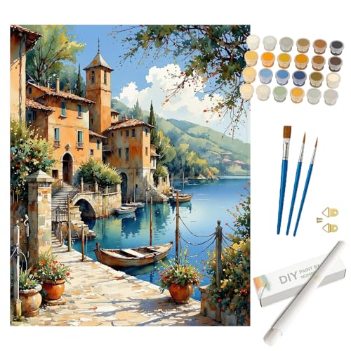 Lakeside Village Paint by Numbers Kit for Adults - DIY Italian Village with Boats on Lake Painting on Rolled Canvas 16x20 Inches, Acrylic Paint Set for Beginners, Art for Home Decoration or Gifts - color: HSX01289, size: 16X20IN Rolled