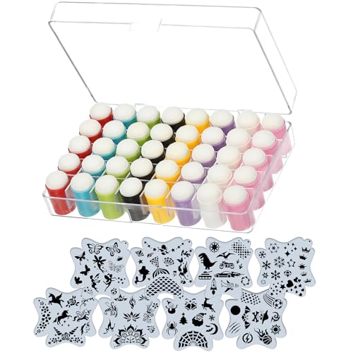 40 pcs Finger Sponge Daubers Foam with Storage Case Colorful Craft Drawing Chalk Fingers Set with 8pcs Reusable Stencils for DIY Face Painting Art,Card Making